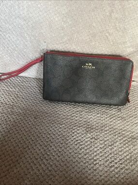 Coach Dark Brown Leather Wristlet with Red Accents